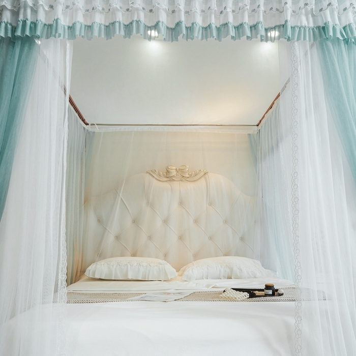 91家纺网 家纺一手货源 找家纺 梦尔佳蚊帐 2025新款导轨蚊帐（855型号）双层吕合金弯头带风扇杆 清雅淡蓝-双层