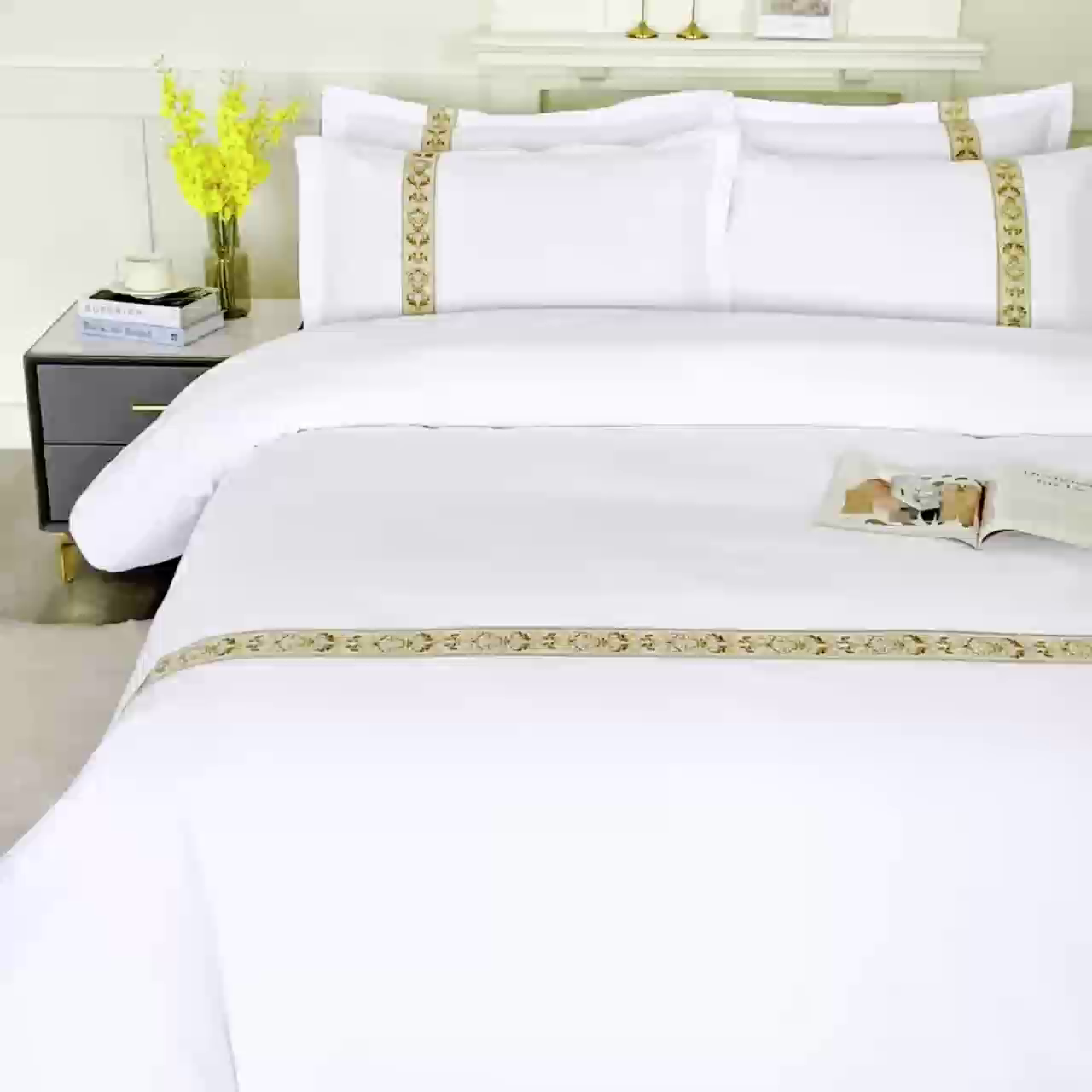 91家纺网 家纺一手货源 找家纺 三俏家纺 2025年酒店布草 140g磨毛高仿棉星级酒店宾馆民宿磨毛纯白三件套四件套 复古金