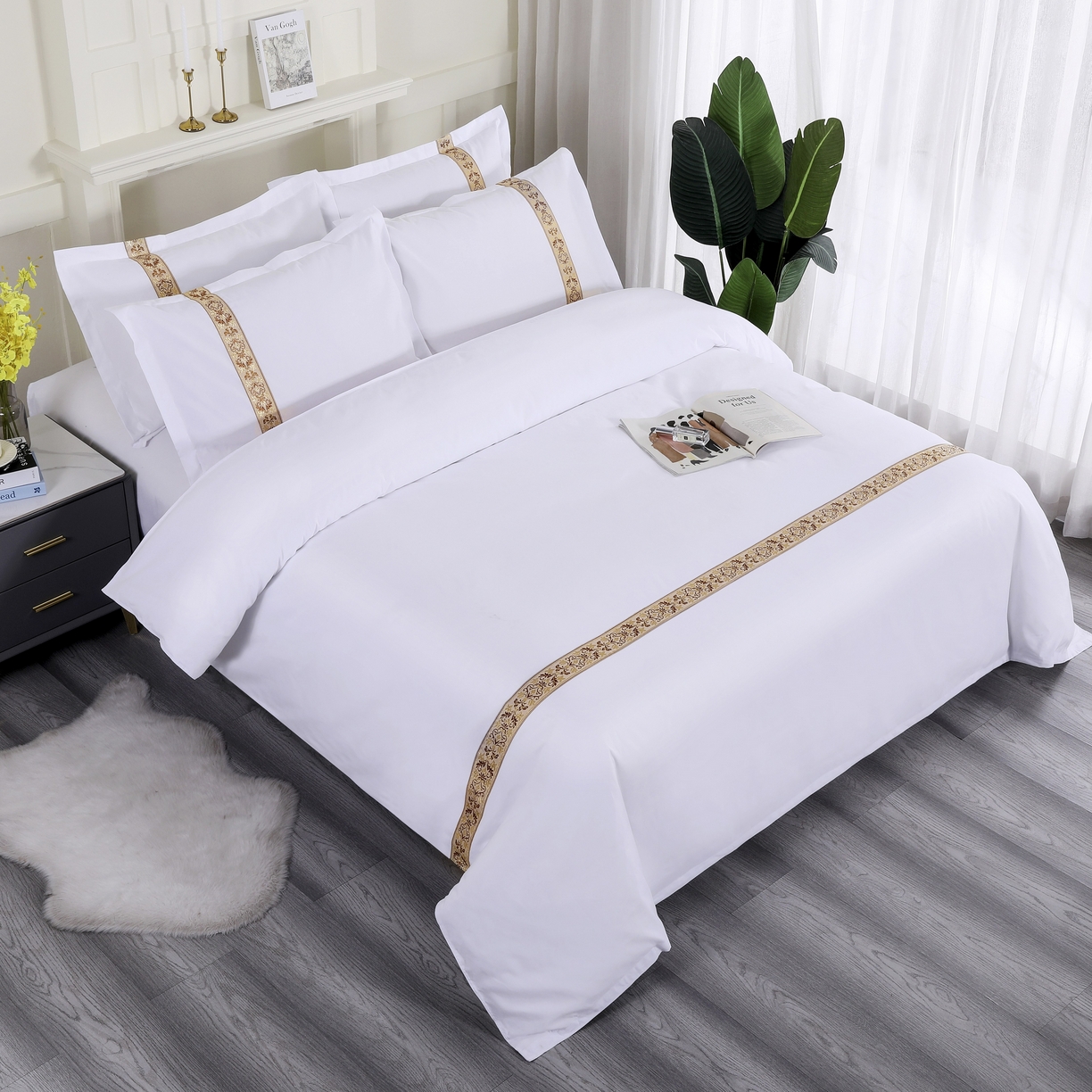 91家纺网 家纺一手货源 找家纺 三俏家纺 2025年酒店布草 140g磨毛高仿棉星级酒店宾馆民宿磨毛纯白三件套四件套 复古金