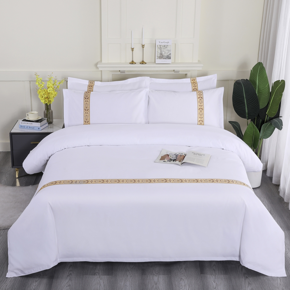 91家纺网 家纺一手货源 找家纺 三俏家纺 2025年酒店布草 140g磨毛高仿棉星级酒店宾馆民宿磨毛纯白三件套四件套 复古金