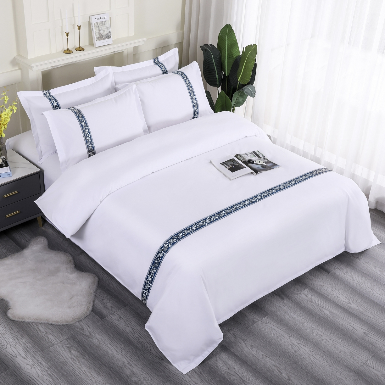 91家纺网 家纺一手货源 找家纺 三俏家纺 2025年酒店布草 140g磨毛高仿棉星级酒店宾馆民宿磨毛纯白三件套四件套 金叶蓝