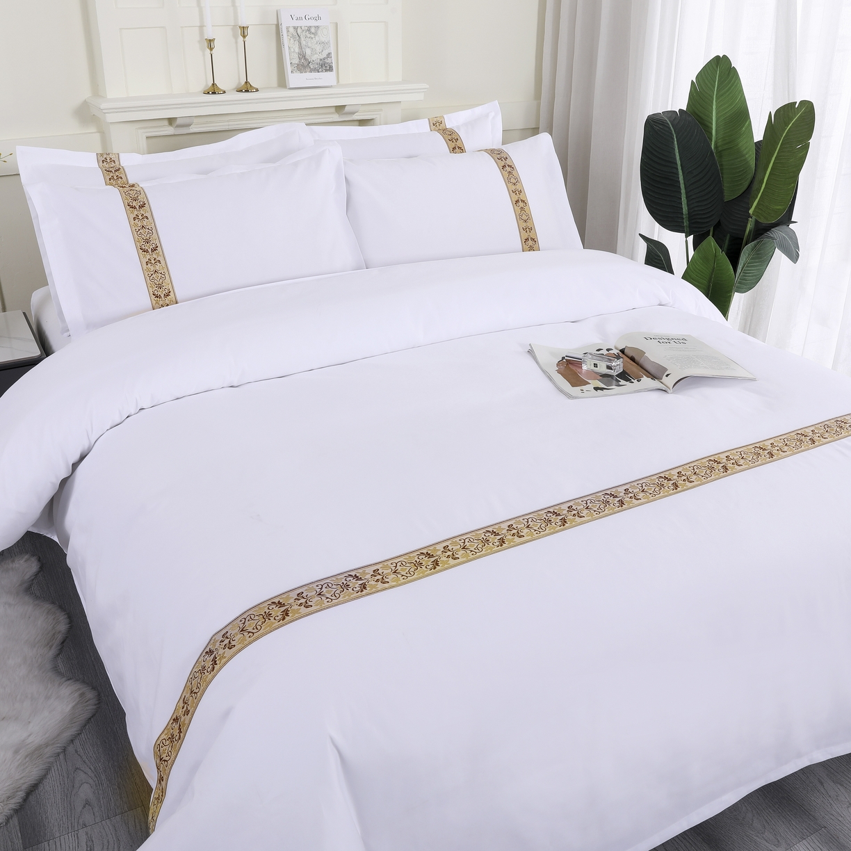 三俏家纺 2025年酒店布草 140g磨毛高仿棉星级酒店宾馆民宿磨毛纯白三件套四件套 复古金