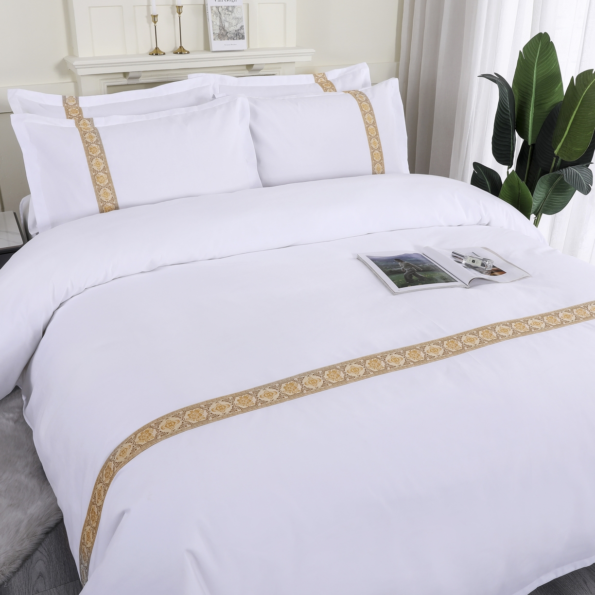 三俏家纺 2025年酒店布草 140g磨毛高仿棉星级酒店宾馆民宿磨毛纯白三件套四件套 凤尾金