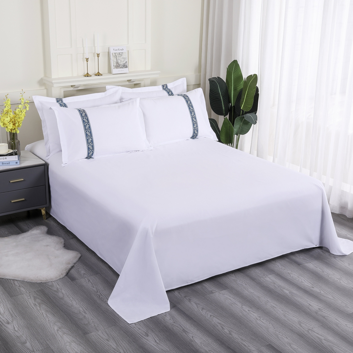 91家纺网 家纺一手货源 找家纺 三俏家纺 2025年酒店布草 140g磨毛高仿棉星级酒店宾馆民宿磨毛纯白三件套四件套 金叶蓝