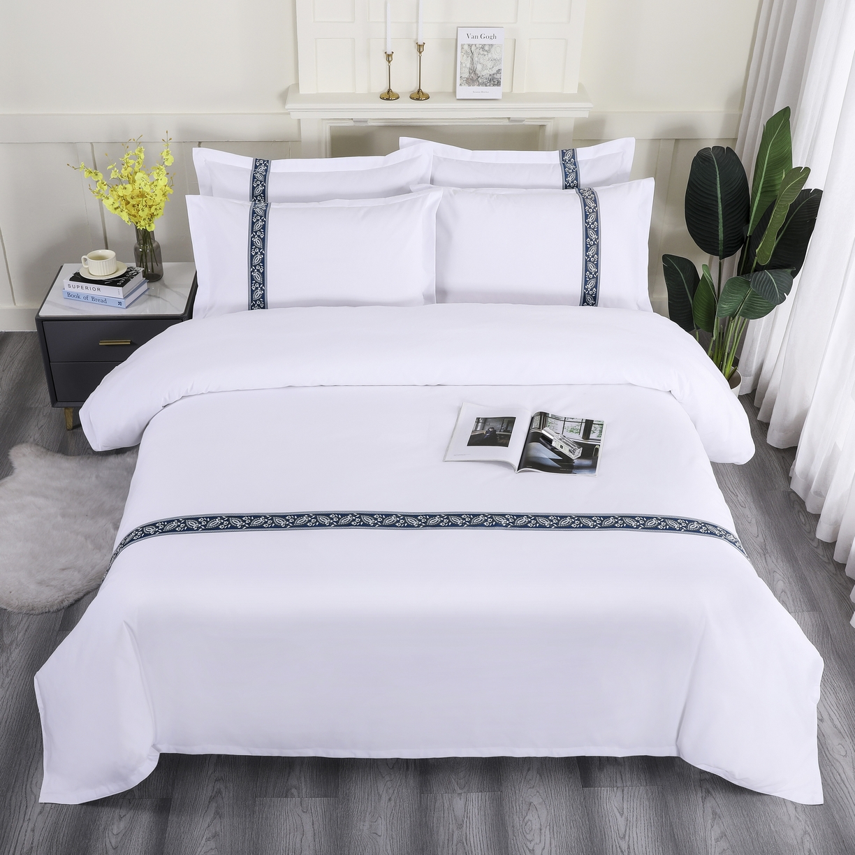 91家纺网 家纺一手货源 找家纺 三俏家纺 2025年酒店布草 140g磨毛高仿棉星级酒店宾馆民宿磨毛纯白三件套四件套 金叶蓝