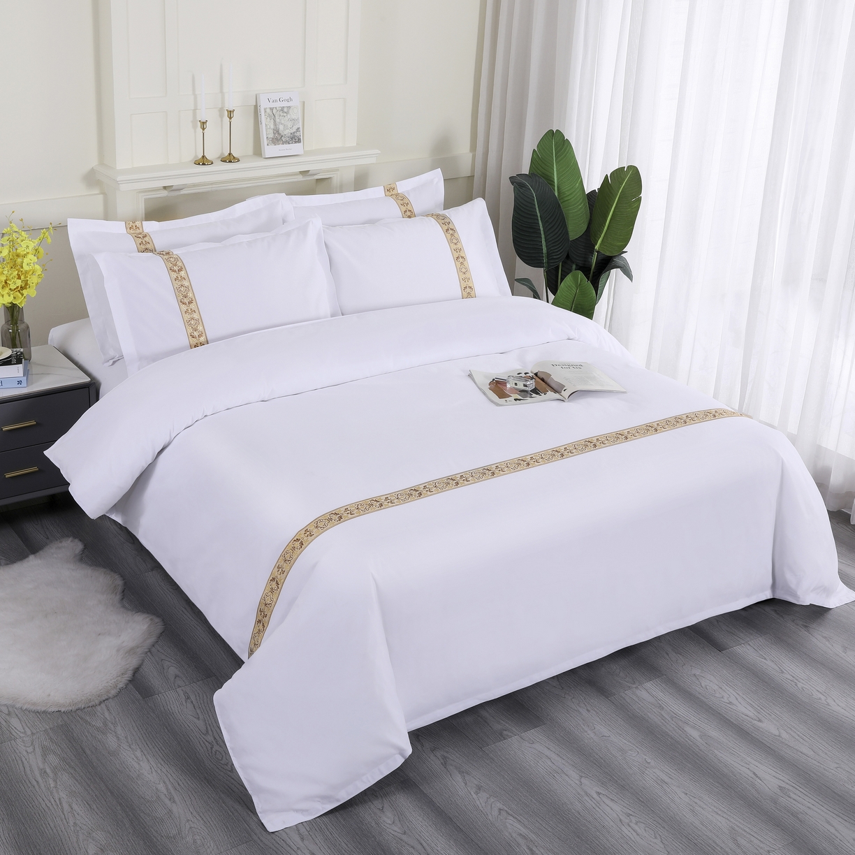 91家纺网 家纺一手货源 找家纺 三俏家纺 2025年酒店布草 140g磨毛高仿棉星级酒店宾馆民宿磨毛纯白三件套四件套 复古金