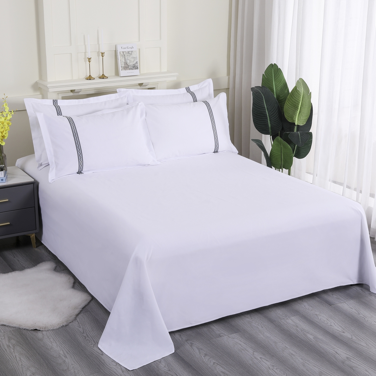 91家纺网 家纺一手货源 找家纺 三俏家纺 2025年酒店布草 140g磨毛高仿棉星级酒店宾馆民宿磨毛纯白三件套四件套 高级灰