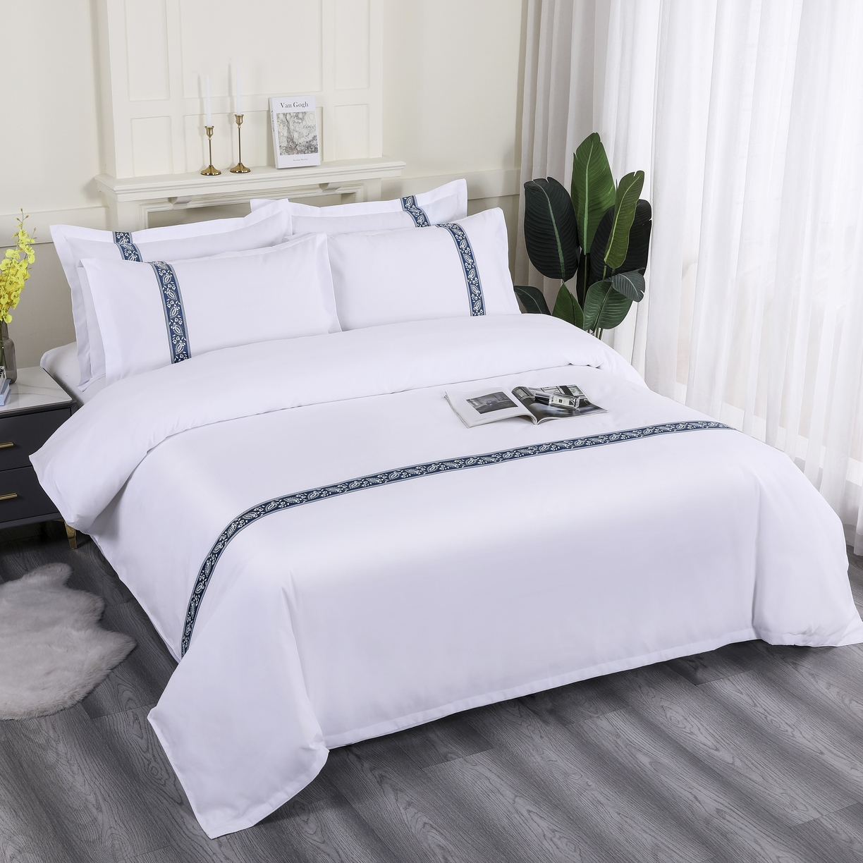 91家纺网 家纺一手货源 找家纺 三俏家纺 2025年酒店布草 140g磨毛高仿棉星级酒店宾馆民宿磨毛纯白三件套四件套 金叶蓝