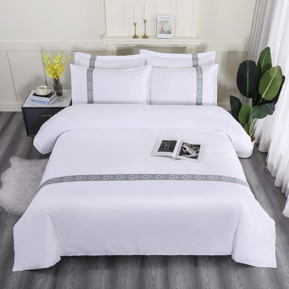 91家纺网 家纺一手货源 找家纺 三俏家纺 2025年酒店布草 140g磨毛高仿棉星级酒店宾馆民宿磨毛纯白三件套四件套 复古蓝