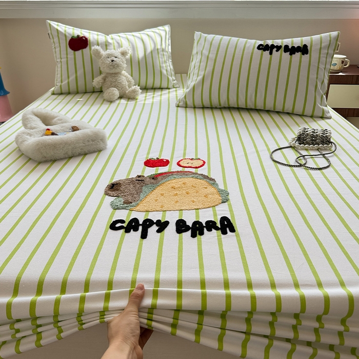 91家纺网 家纺一手货源 找家纺 蓝邻家纺 2025春夏新款全棉纯棉老粗布刺绣床笠凉席席子 卡比兽