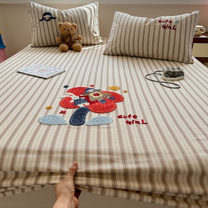 蓝邻家纺 2025春夏新款全棉纯棉老粗布刺绣床笠凉席席子 艾莎