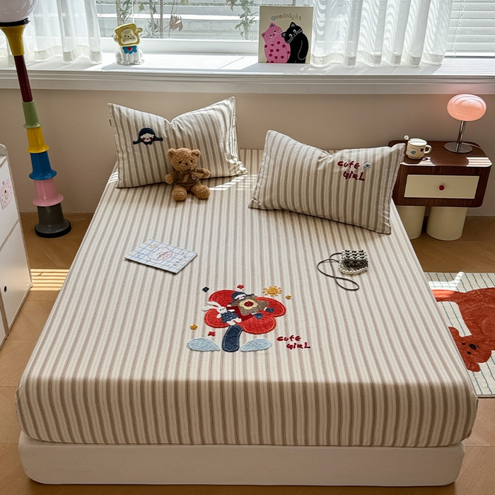 91家纺网 家纺一手货源 找家纺 蓝邻家纺 2025春夏新款全棉纯棉老粗布刺绣床笠凉席席子 艾莎