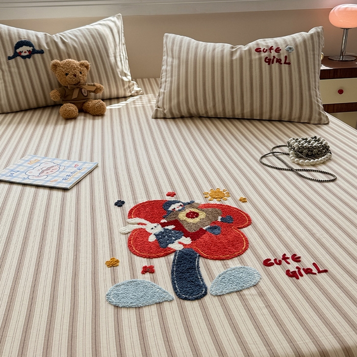 91家纺网 家纺一手货源 找家纺 蓝邻家纺 2025春夏新款全棉纯棉老粗布刺绣床笠凉席席子 艾莎