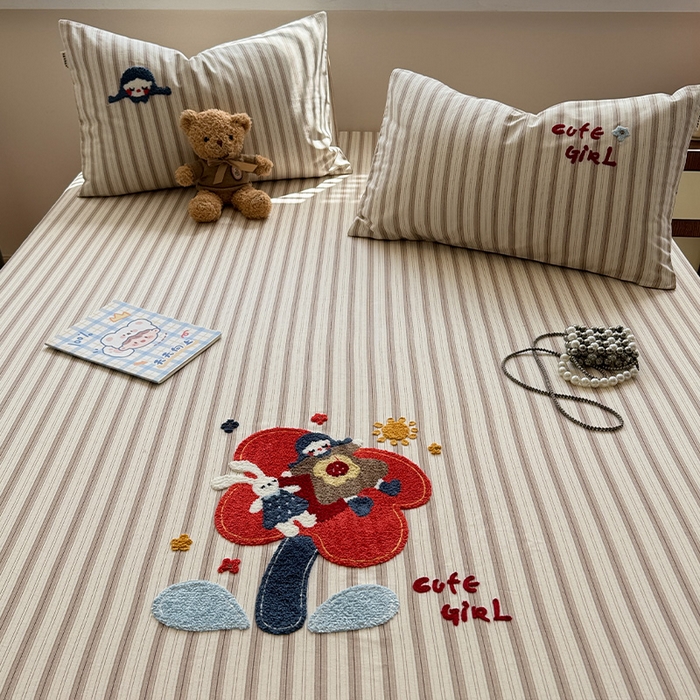 91家纺网 家纺一手货源 找家纺 蓝邻家纺 2025春夏新款全棉纯棉老粗布刺绣床笠凉席席子 艾莎