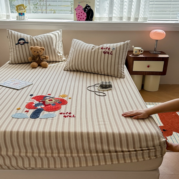 91家纺网 家纺一手货源 找家纺 蓝邻家纺 2025春夏新款全棉纯棉老粗布刺绣床笠凉席席子 艾莎