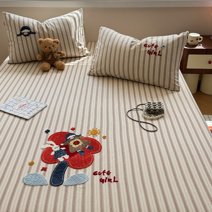 91家纺网 家纺一手货源 找家纺 蓝邻家纺 2025春夏新款全棉纯棉老粗布刺绣床笠凉席席子 艾莎