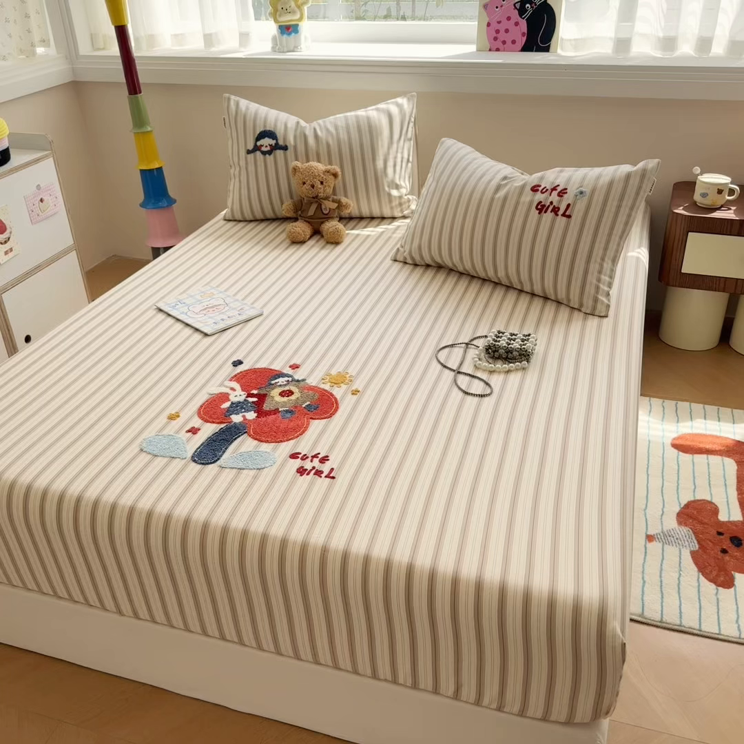 91家纺网 家纺一手货源 找家纺 蓝邻家纺 2025春夏新款全棉纯棉老粗布刺绣床笠凉席席子 艾莎