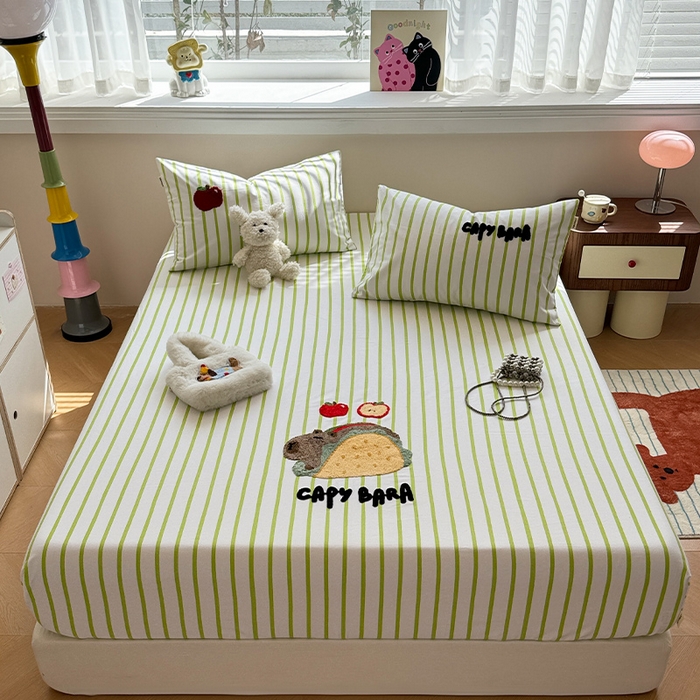 91家纺网 家纺一手货源 找家纺 蓝邻家纺 2025春夏新款全棉纯棉老粗布刺绣床笠凉席席子 卡比兽