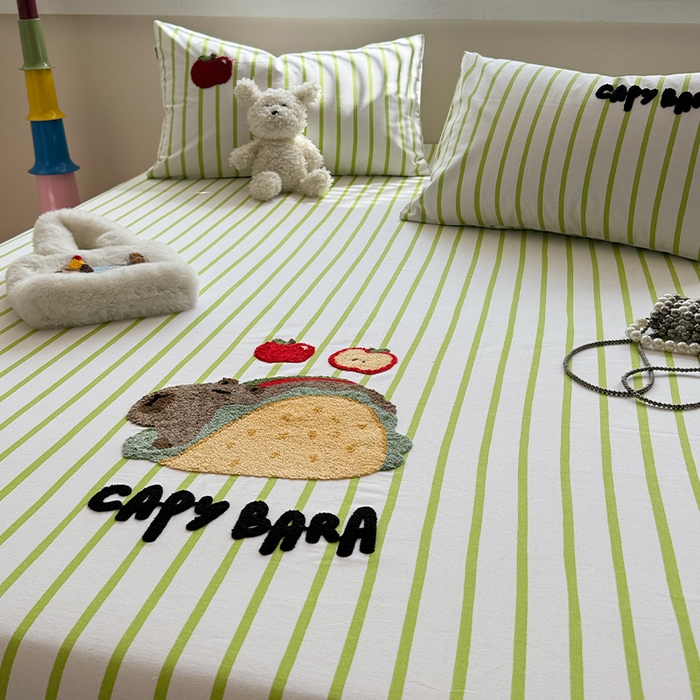 91家纺网 家纺一手货源 找家纺 蓝邻家纺 2025春夏新款全棉纯棉老粗布刺绣床笠凉席席子 卡比兽