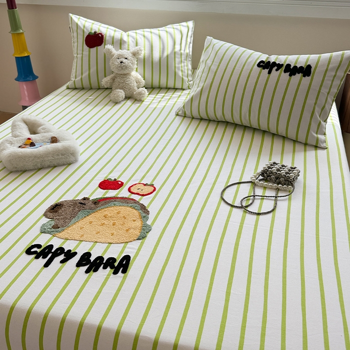 91家纺网 家纺一手货源 找家纺 蓝邻家纺 2025春夏新款全棉纯棉老粗布刺绣床笠凉席席子 卡比兽