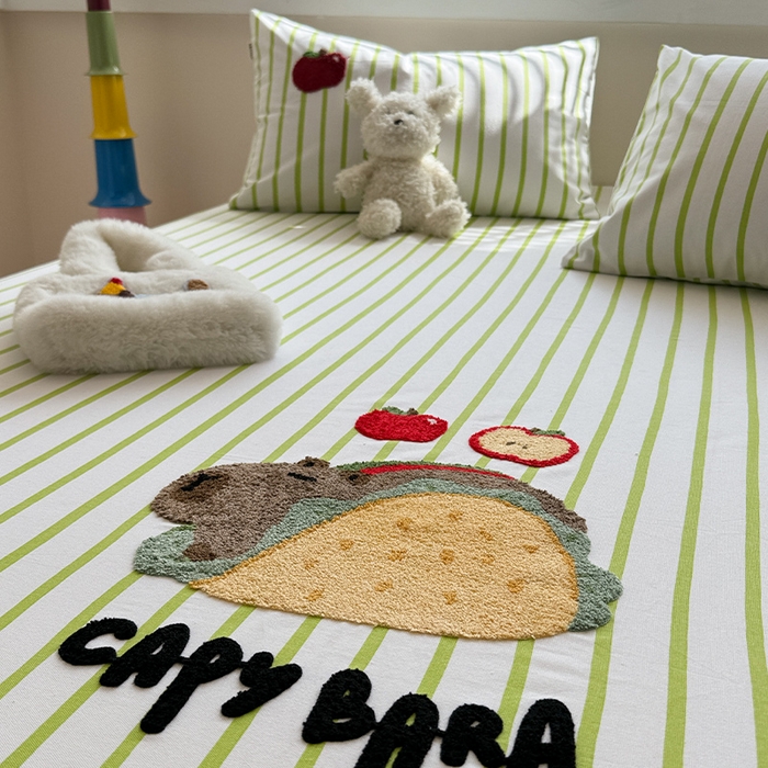 91家纺网 家纺一手货源 找家纺 蓝邻家纺 2025春夏新款全棉纯棉老粗布刺绣床笠凉席席子 卡比兽