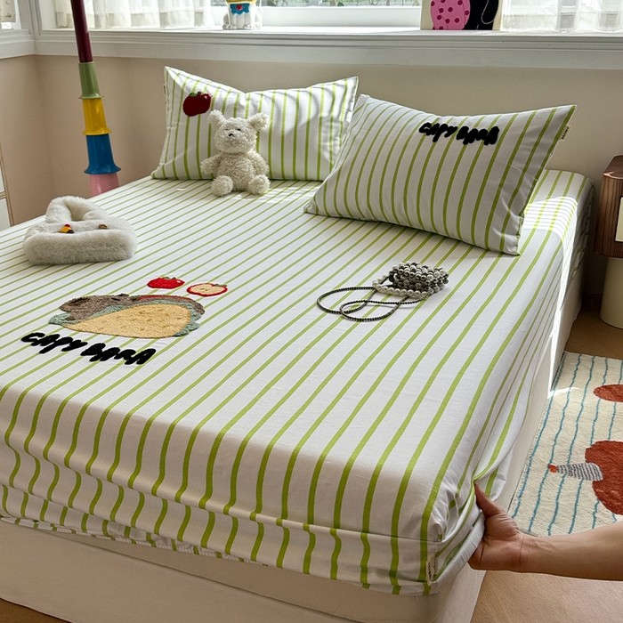 91家纺网 家纺一手货源 找家纺 蓝邻家纺 2025春夏新款全棉纯棉老粗布刺绣床笠凉席席子 卡比兽