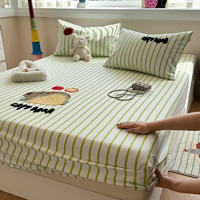 91家纺网 家纺一手货源 找家纺 蓝邻家纺 2025春夏新款全棉纯棉老粗布刺绣床笠凉席席子 卡比兽