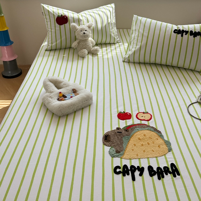 91家纺网 家纺一手货源 找家纺 蓝邻家纺 2025春夏新款全棉纯棉老粗布刺绣床笠凉席席子 卡比兽