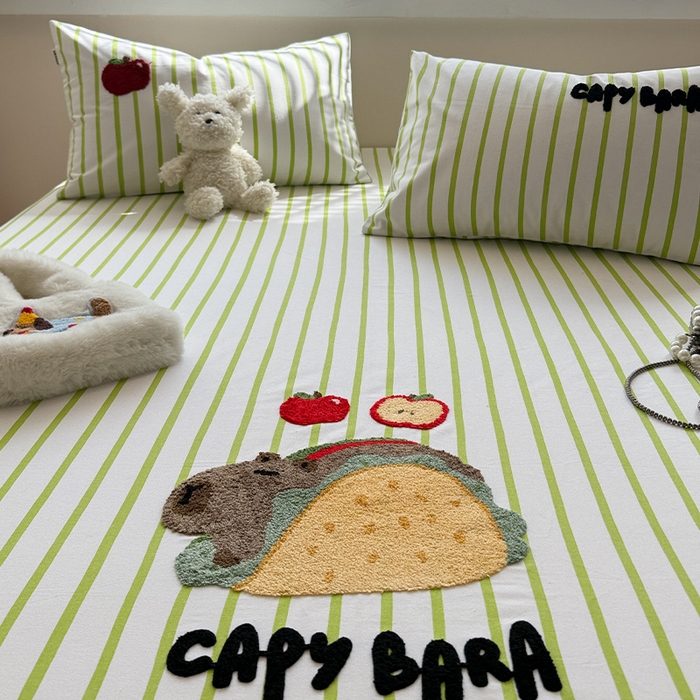 91家纺网 家纺一手货源 找家纺 蓝邻家纺 2025春夏新款全棉纯棉老粗布刺绣床笠凉席席子 卡比兽