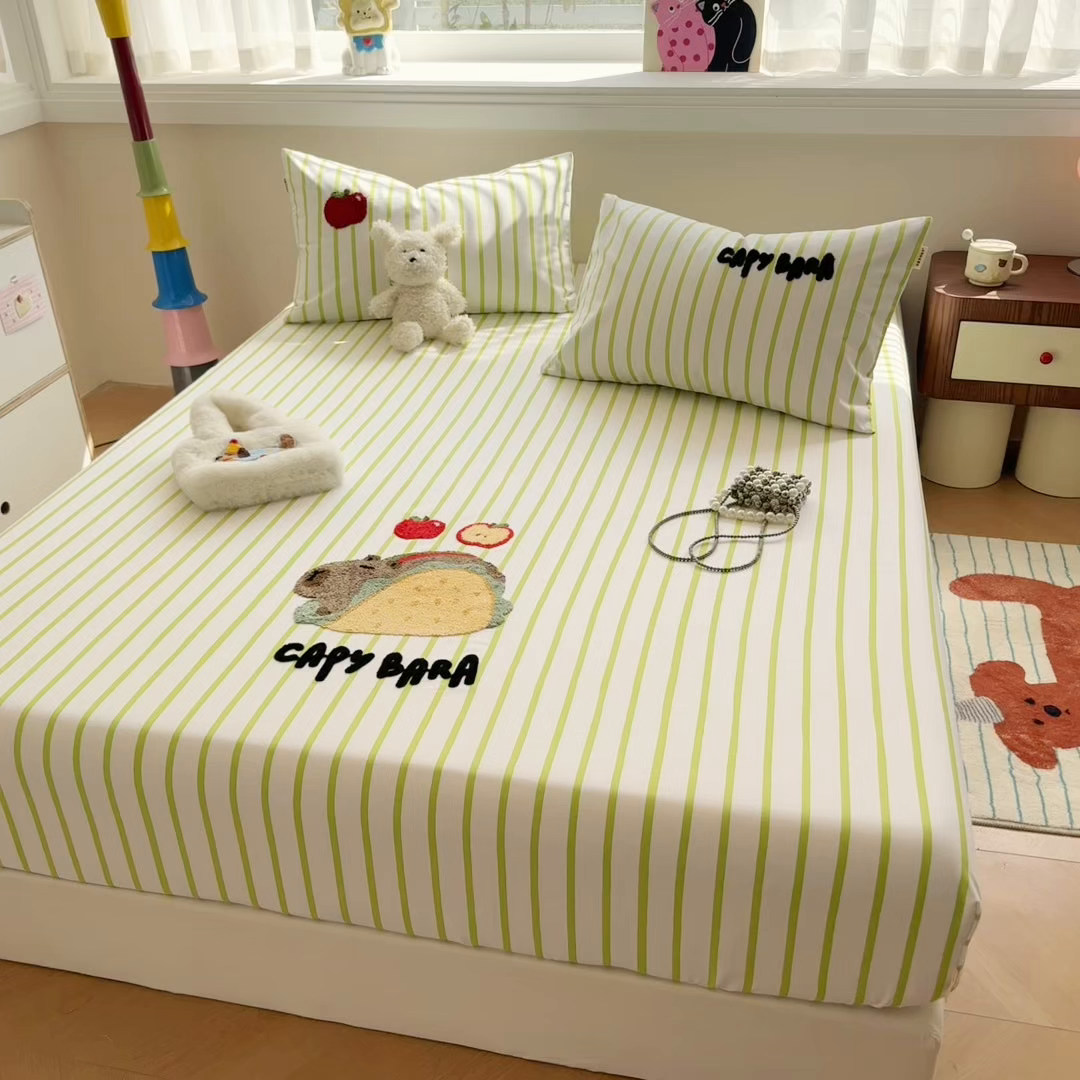 91家纺网 家纺一手货源 找家纺 蓝邻家纺 2025春夏新款全棉纯棉老粗布刺绣床笠凉席席子 卡比兽