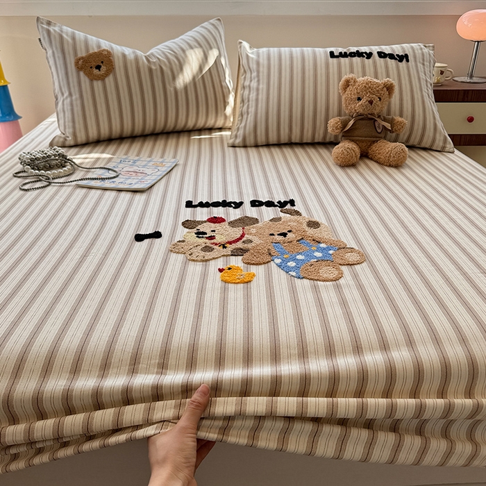 蓝邻家纺 2025春夏新款全棉纯棉老粗布刺绣床笠凉席席子 可可狗