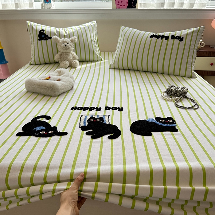 蓝邻家纺 2025春夏新款全棉纯棉老粗布刺绣床笠凉席席子 喵咪日记