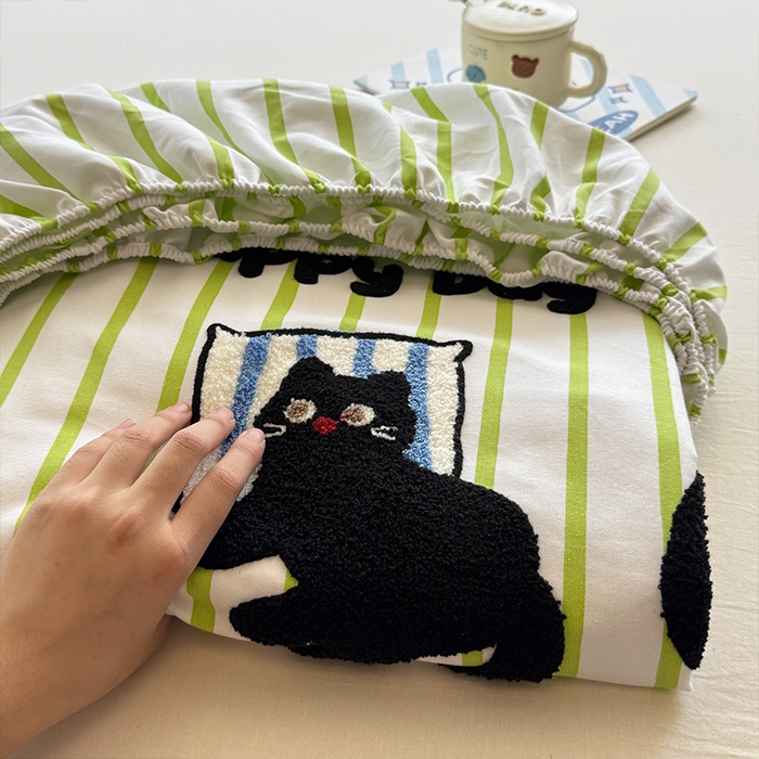 91家纺网 家纺一手货源 找家纺 蓝邻家纺 2025春夏新款全棉纯棉老粗布刺绣床笠凉席席子 喵咪日记