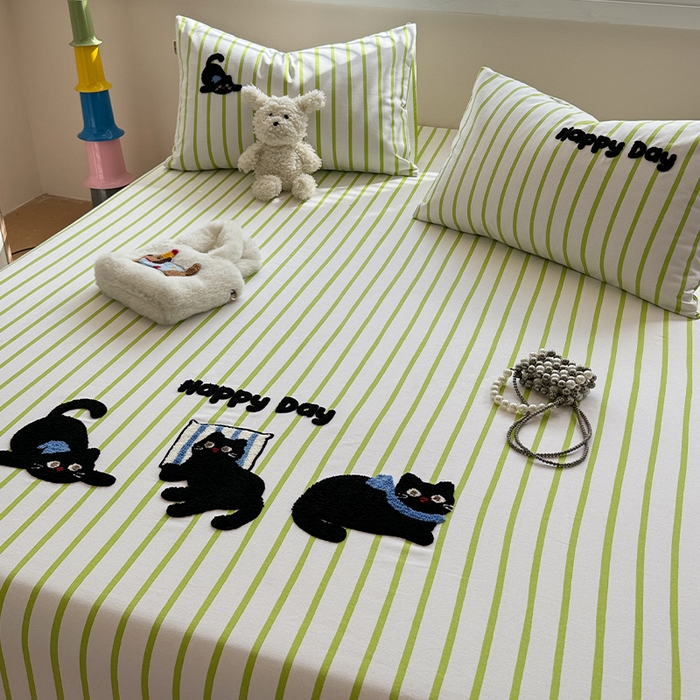 91家纺网 家纺一手货源 找家纺 蓝邻家纺 2025春夏新款全棉纯棉老粗布刺绣床笠凉席席子 喵咪日记