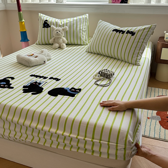 91家纺网 家纺一手货源 找家纺 蓝邻家纺 2025春夏新款全棉纯棉老粗布刺绣床笠凉席席子 喵咪日记