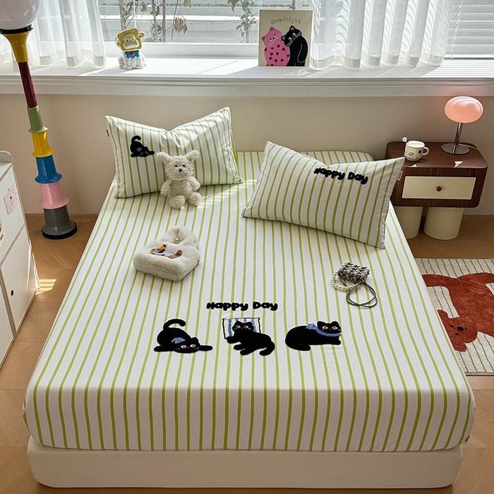 91家纺网 家纺一手货源 找家纺 蓝邻家纺 2025春夏新款全棉纯棉老粗布刺绣床笠凉席席子 喵咪日记