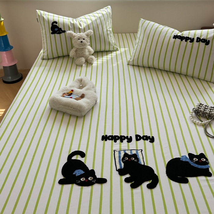 91家纺网 家纺一手货源 找家纺 蓝邻家纺 2025春夏新款全棉纯棉老粗布刺绣床笠凉席席子 喵咪日记