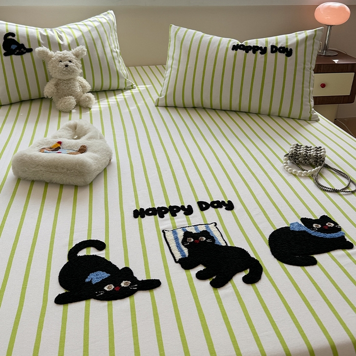 91家纺网 家纺一手货源 找家纺 蓝邻家纺 2025春夏新款全棉纯棉老粗布刺绣床笠凉席席子 喵咪日记