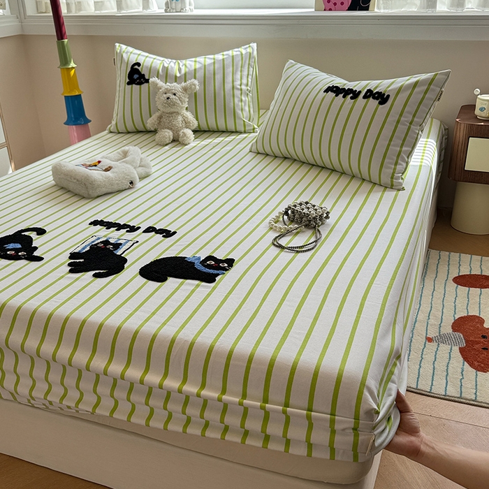 91家纺网 家纺一手货源 找家纺 蓝邻家纺 2025春夏新款全棉纯棉老粗布刺绣床笠凉席席子 喵咪日记