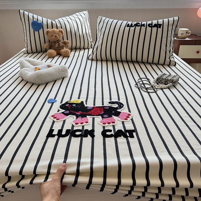 蓝邻家纺 2025春夏新款全棉纯棉老粗布刺绣床笠凉席席子 奶芙猫