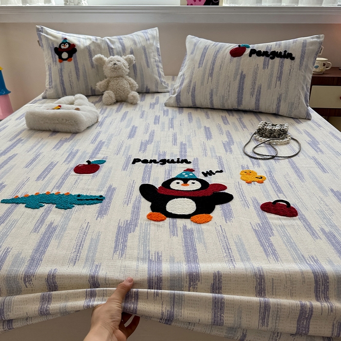 蓝邻家纺 2025春夏新款全棉纯棉老粗布刺绣床笠凉席席子 奇趣乐园