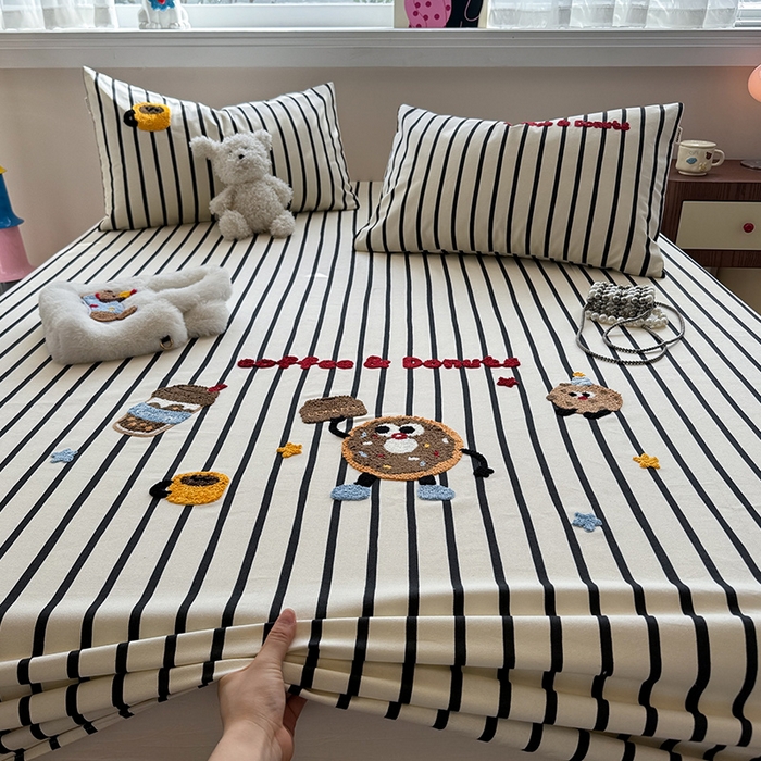 蓝邻家纺 2025春夏新款全棉纯棉老粗布刺绣床笠凉席席子 甜甜圈