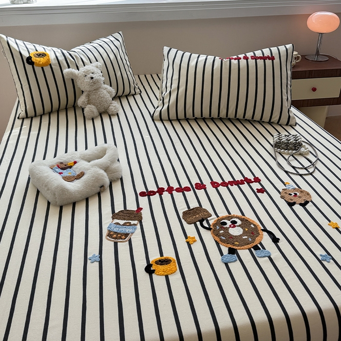 91家纺网 家纺一手货源 找家纺 蓝邻家纺 2025春夏新款全棉纯棉老粗布刺绣床笠凉席席子 甜甜圈