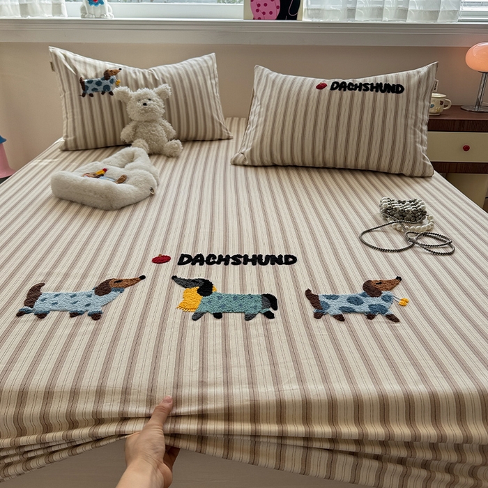 蓝邻家纺 2025春夏新款全棉纯棉老粗布刺绣床笠凉席席子 元气小狗