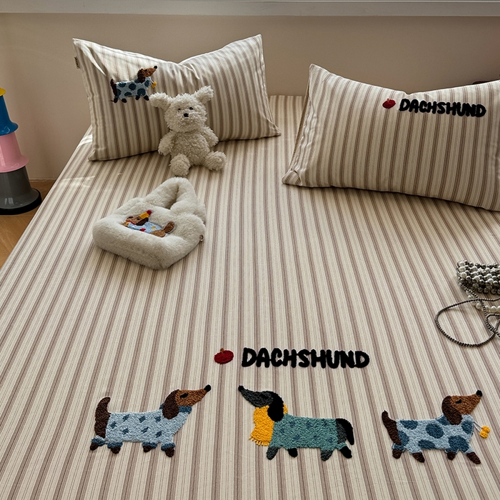 91家纺网 家纺一手货源 找家纺 蓝邻家纺 2025春夏新款全棉纯棉老粗布刺绣床笠凉席席子 元气小狗