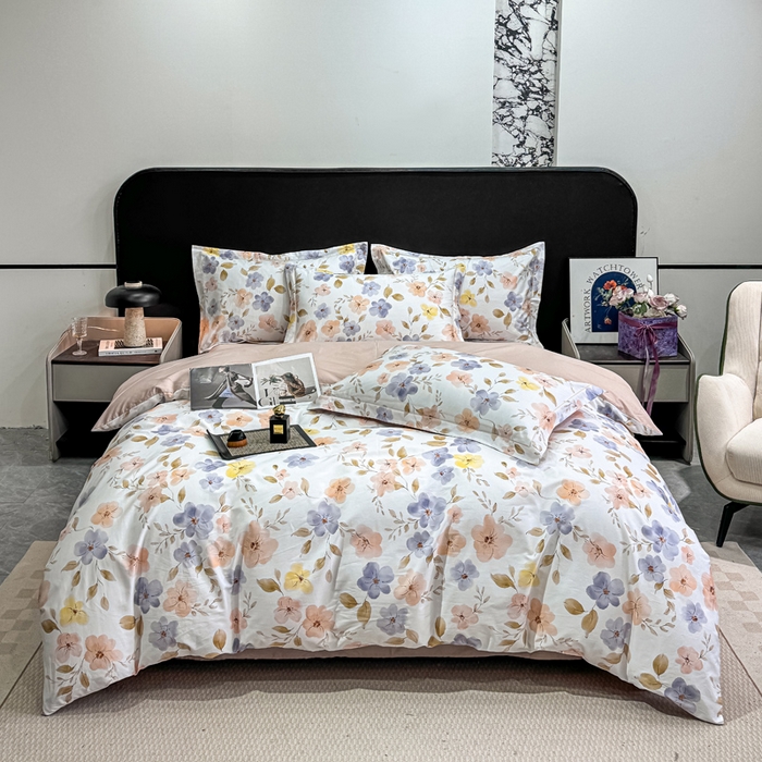 91家纺网 家纺一手货源 找家纺 红日子纺织品 2025新款50s全棉纯棉印花四件套 渡着秋-蓝