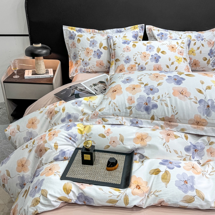 91家纺网 家纺一手货源 找家纺 红日子纺织品 2025新款50s全棉纯棉印花四件套 渡着秋-蓝