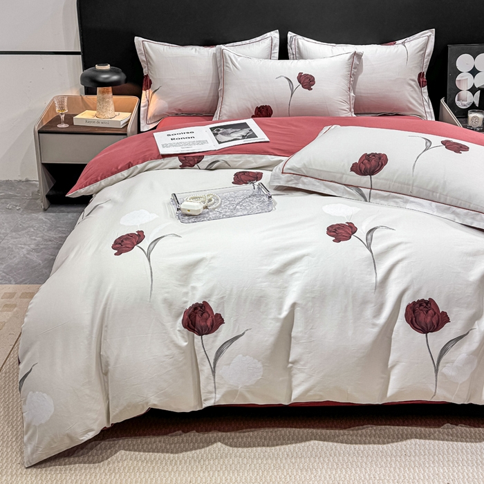 红日子纺织品 2025新款50s全棉纯棉印花四件套 红玫瑰