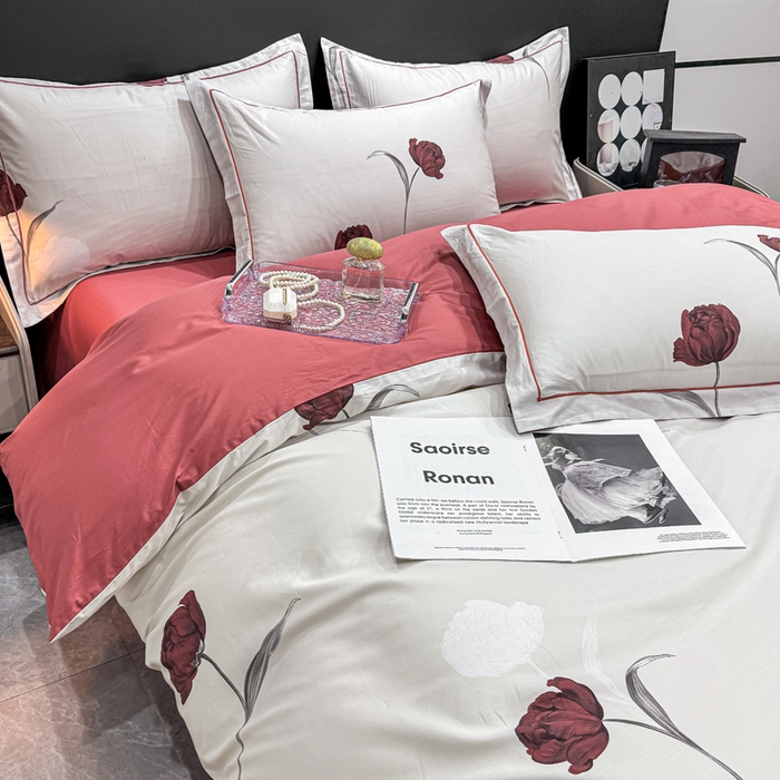 91家纺网 家纺一手货源 找家纺 红日子纺织品 2025新款50s全棉纯棉印花四件套 红玫瑰