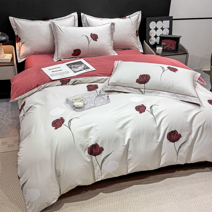 91家纺网 家纺一手货源 找家纺 红日子纺织品 2025新款50s全棉纯棉印花四件套 红玫瑰